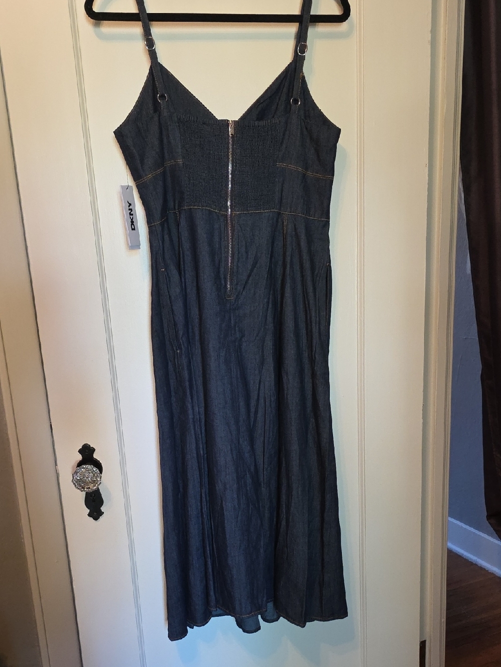 DKNY Dark Indigo Seamed Bustier Denim Midi Dress Size 8 NWT - Picture 4 of 8